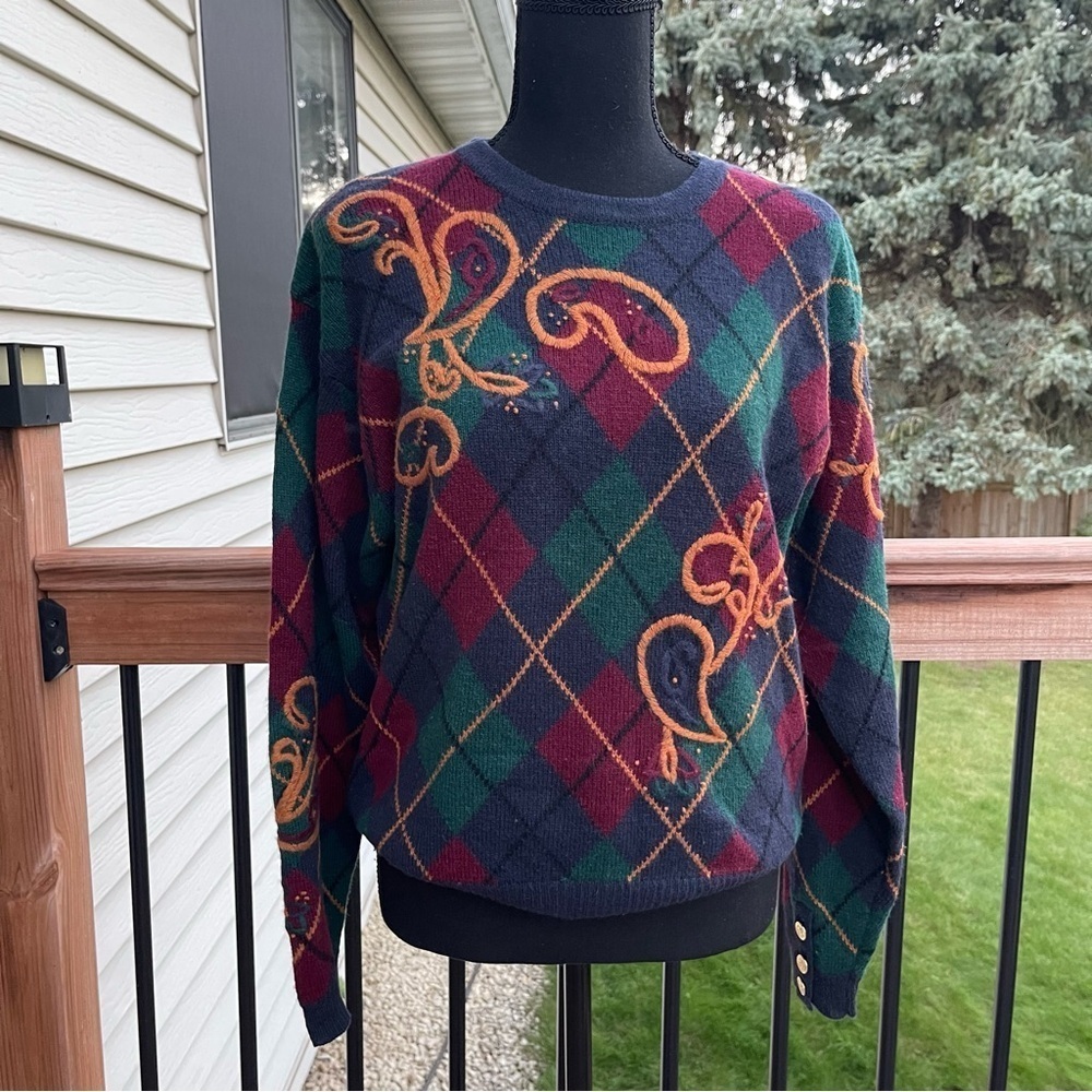 Vtg JH Collectibles Argyle Wool Sweater Gold Buttons Women’s Medium Academia